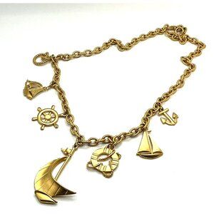 Nautical-Themed Gold-Tone Charm Necklace With Anchor Sailboat and Wheel Charms